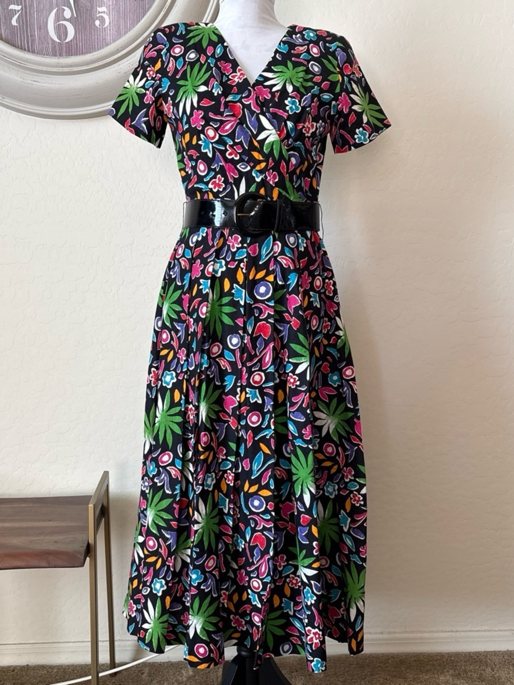 Oleg Cassini Black Midi Dress with Multicolor Floral Print